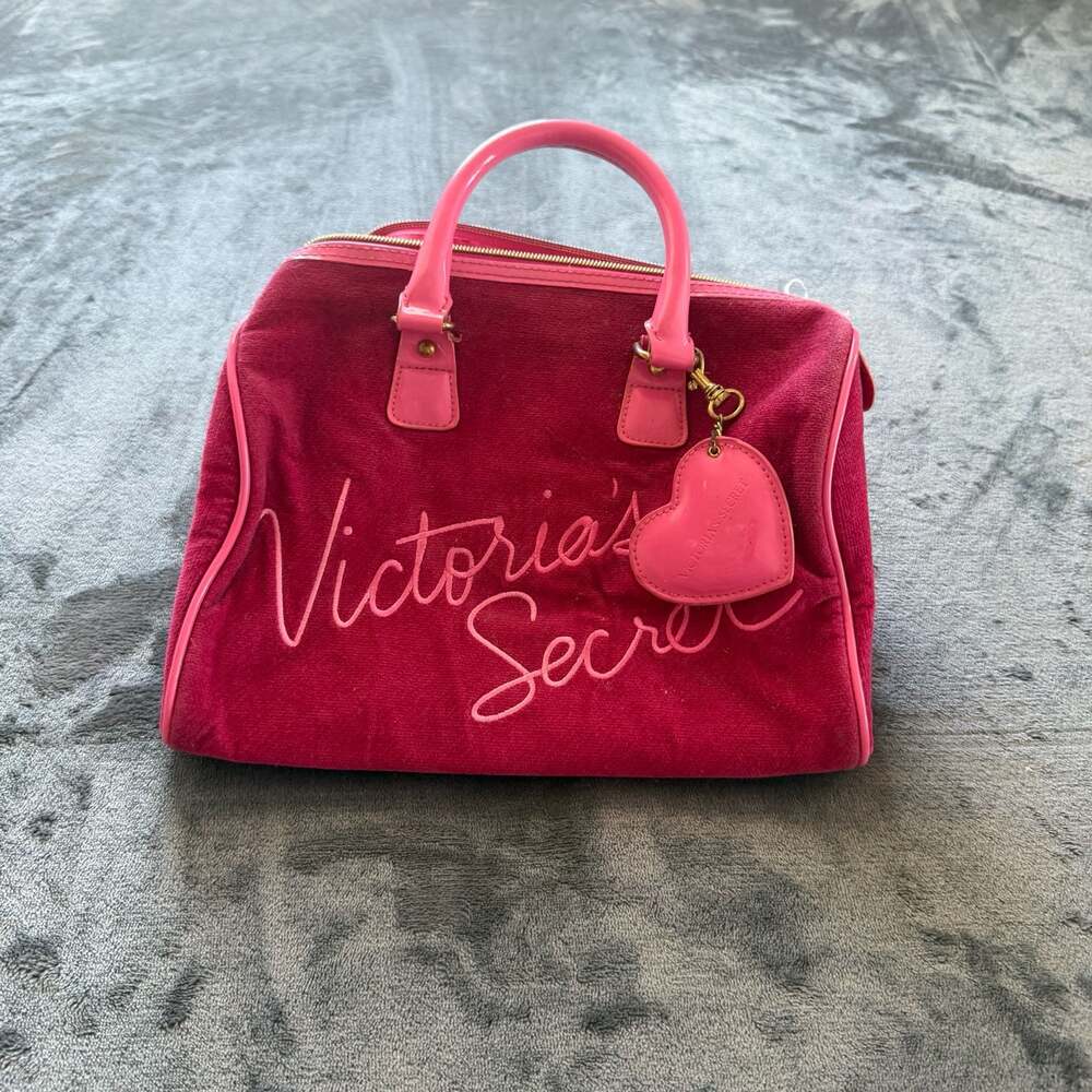 Victoria's Secret Vintage Y2K Pink Velour Bowler Bag with Heart Charm